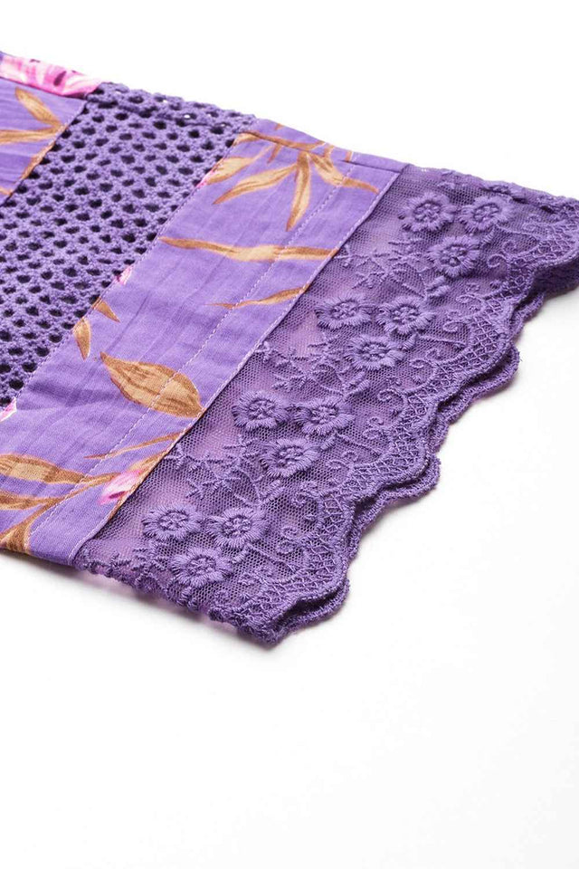 Violet Floral Print Pure Cotton Kurti Pant Set