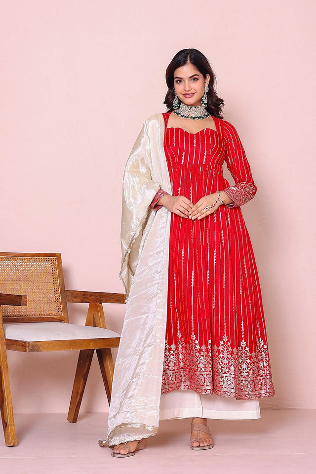 Red Ethnic Motifs Printed Silk Kurti Palazzo Set (17reddolasilk)