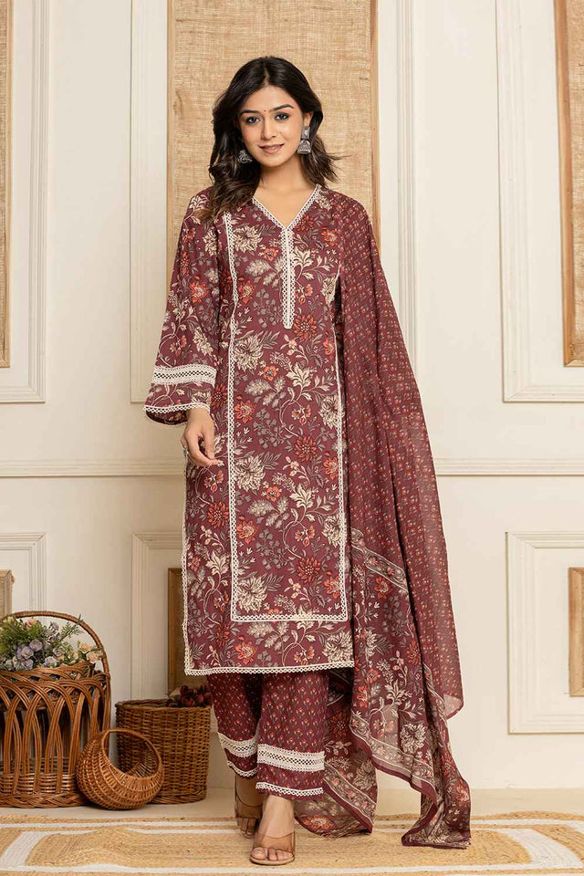 Red Floral Print Lace Work Pure Cotton Kurti Pant Set