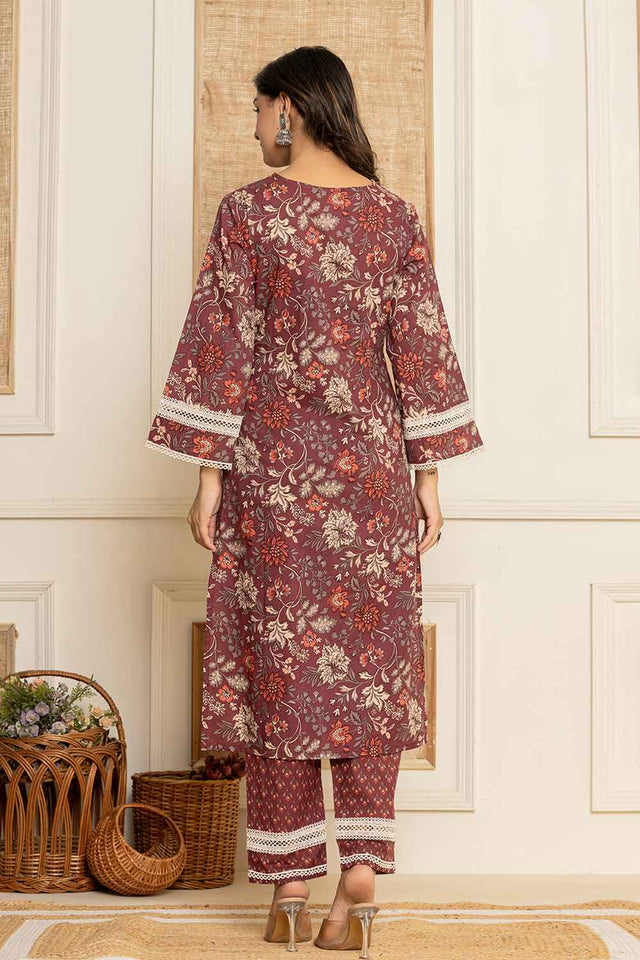 Red Floral Print Lace Work Pure Cotton Kurti Pant Set