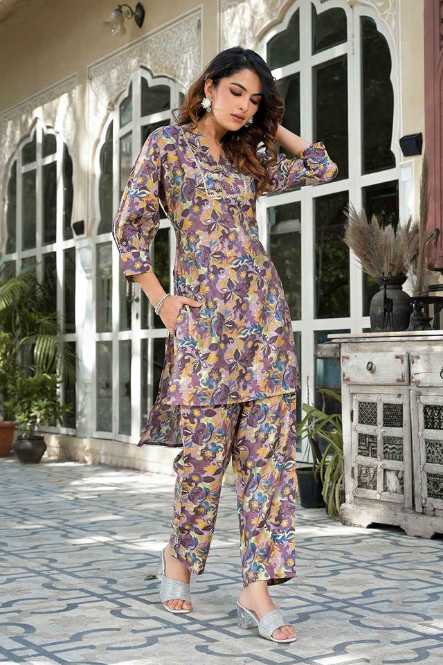 Violet Embroidered Silk Co-Ord Set