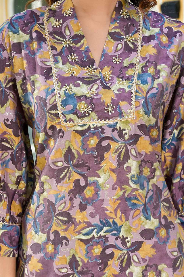 Violet Embroidered Silk Co-Ord Set