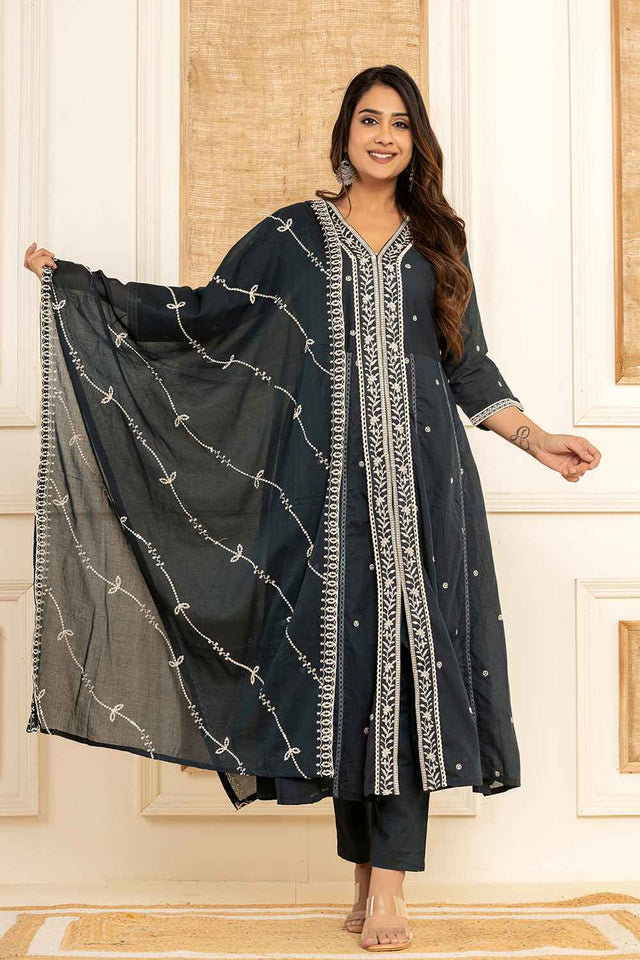 Blue Solid Embroidered Pure Cotton Kurti Pant Set