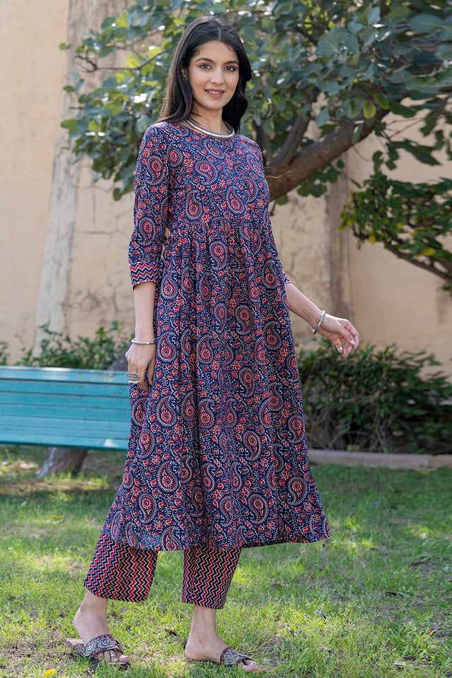 Multi-Color Paisley Print Cotton Kurti Pant Set