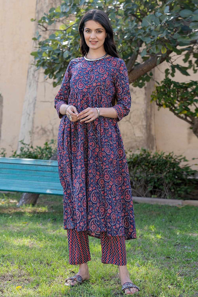 Multi-Color Paisley Print Cotton Kurti Pant Set