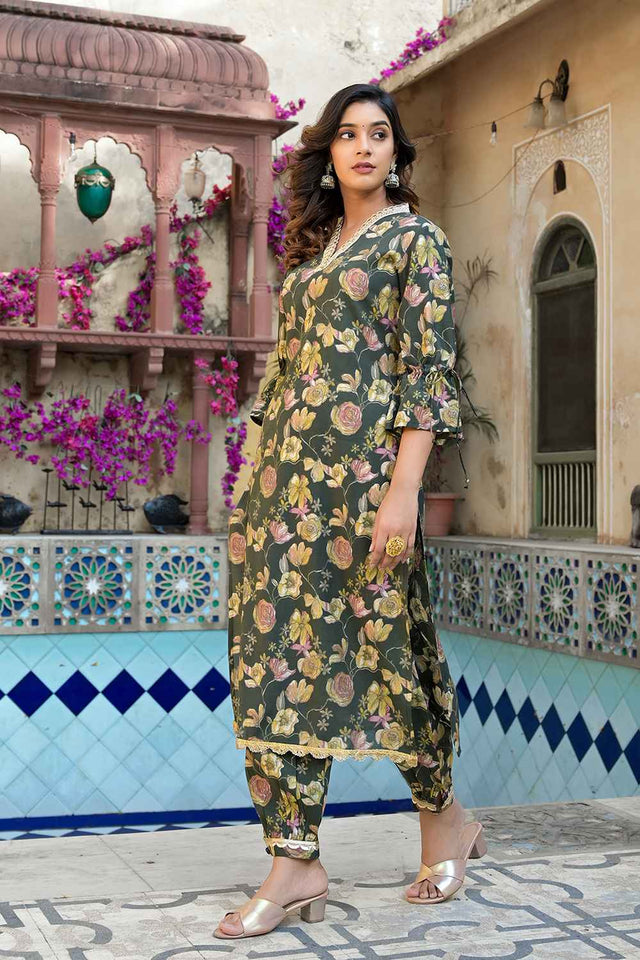Olive Floral Print Patch Work Muslin Silk Kurti Pant Set (1885SETGR)
