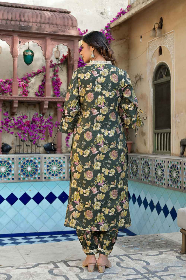 Olive Floral Print Patch Work Muslin Silk Kurti Pant Set (1885SETGR)