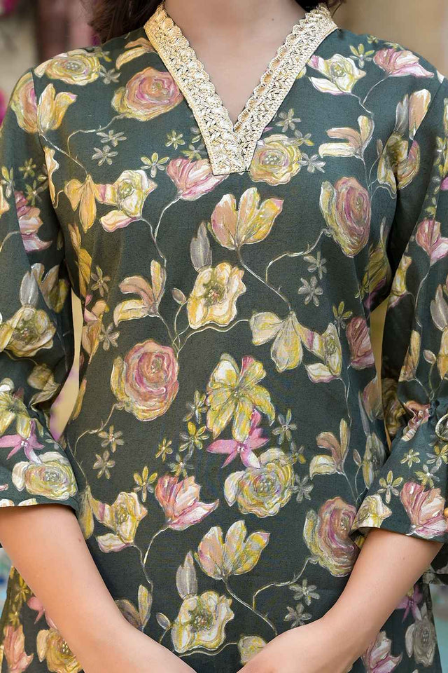 Olive Floral Print Patch Work Muslin Silk Kurti Pant Set (1885SETGR)