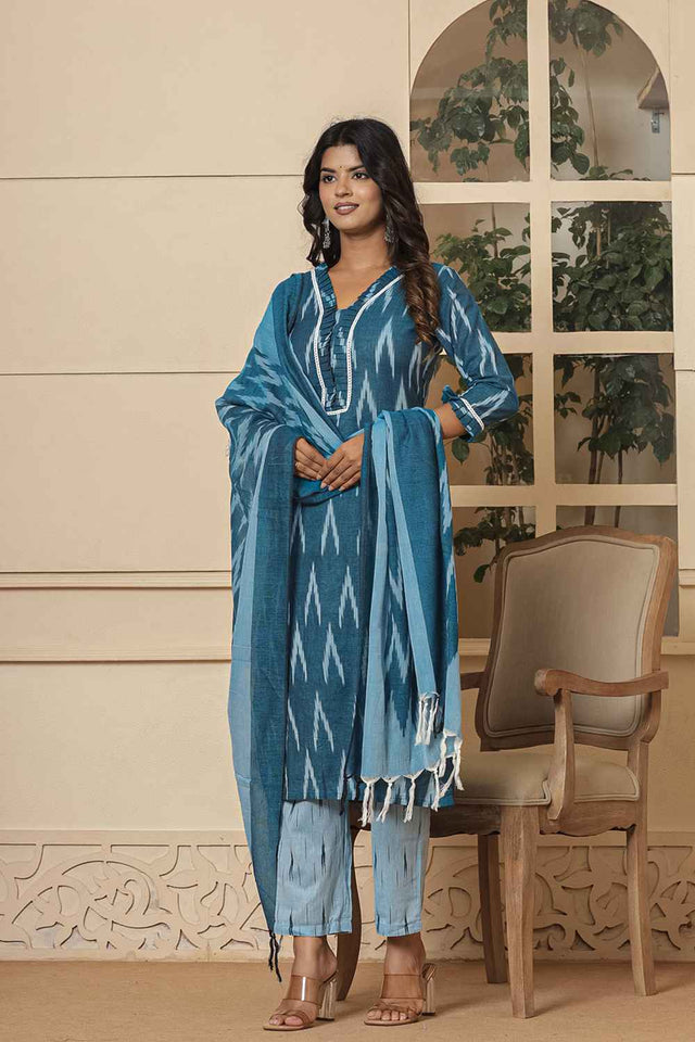 Blue Ikat Print Pure Cotton Kurti Pant Set