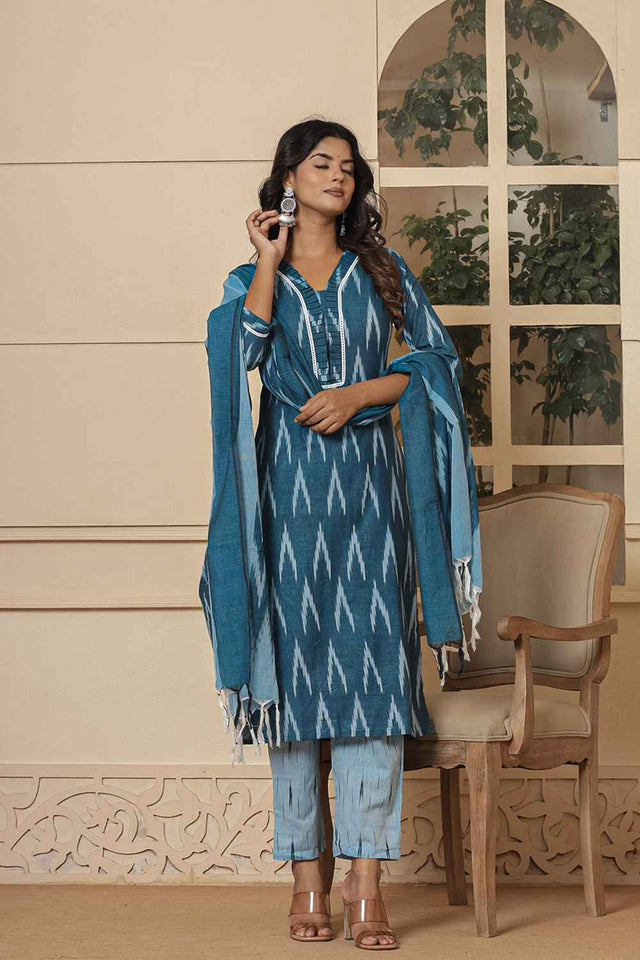 Blue Ikat Print Pure Cotton Kurti Pant Set