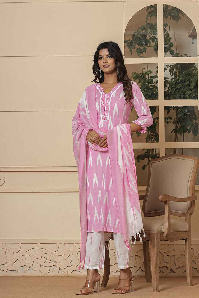 Pink Ikat Print Pure Cotton Kurti Pant Set