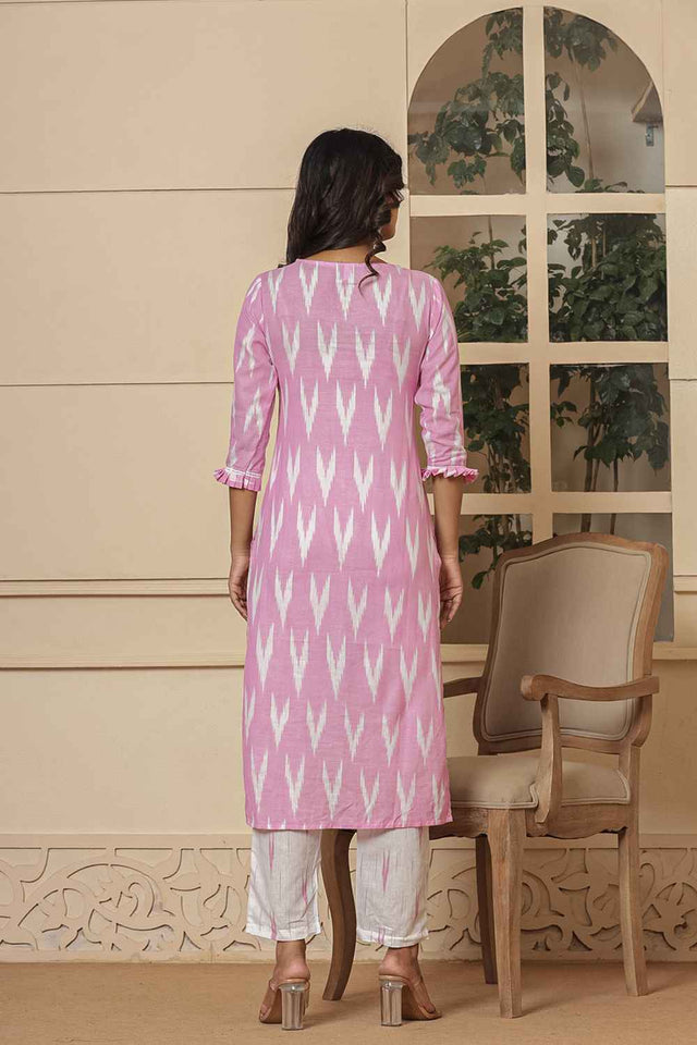 Pink Ikat Print Pure Cotton Kurti Pant Set
