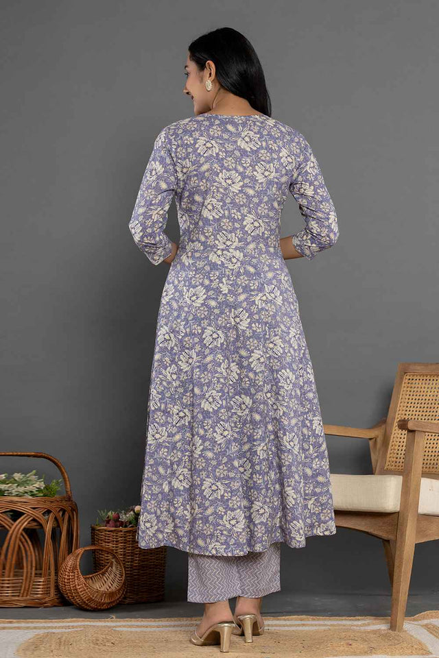 Violet Floral Print Mirror Work?¨ Pure Cotton Kurti Pant Set