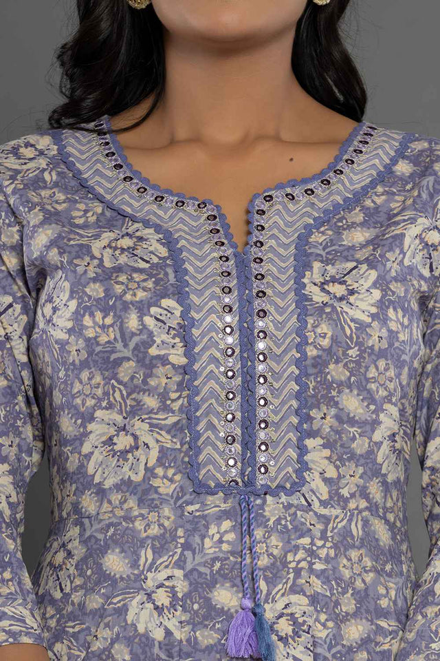 Violet Floral Print Mirror Work?¨ Pure Cotton Kurti Pant Set
