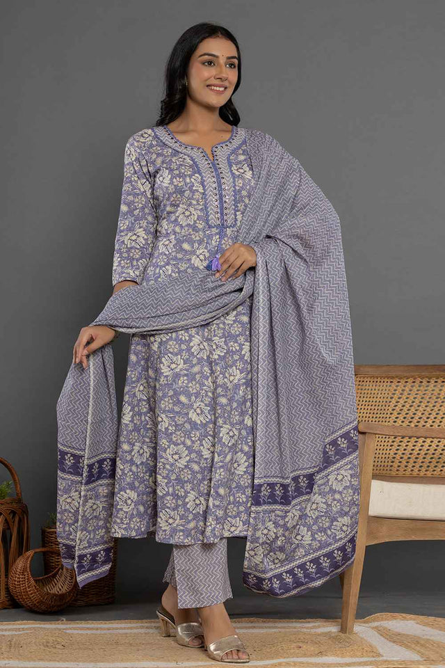 Violet Floral Print Mirror Work?¨ Pure Cotton Kurti Pant Set