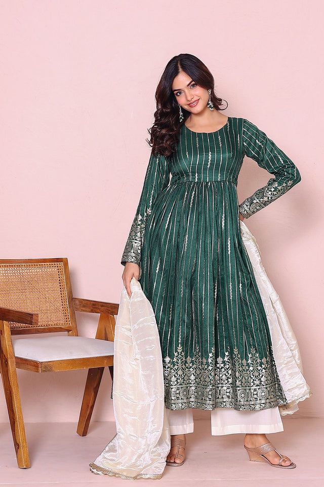 Green Printed Silk Kurti Palazzo Set (18greendola)