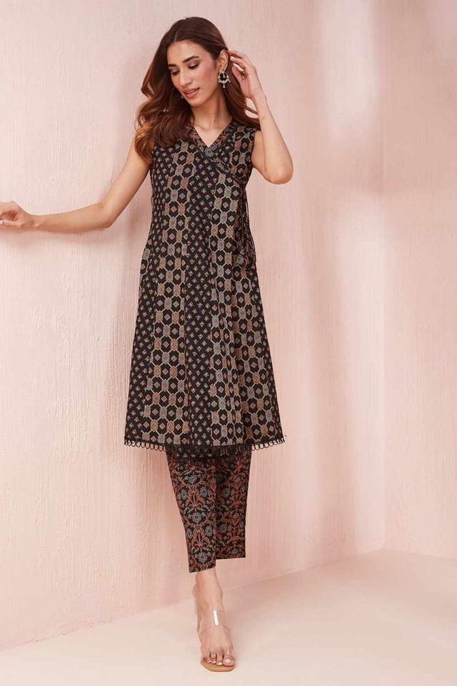 Black Ethnic Motifs Printed Cotton Kurti Pant Set