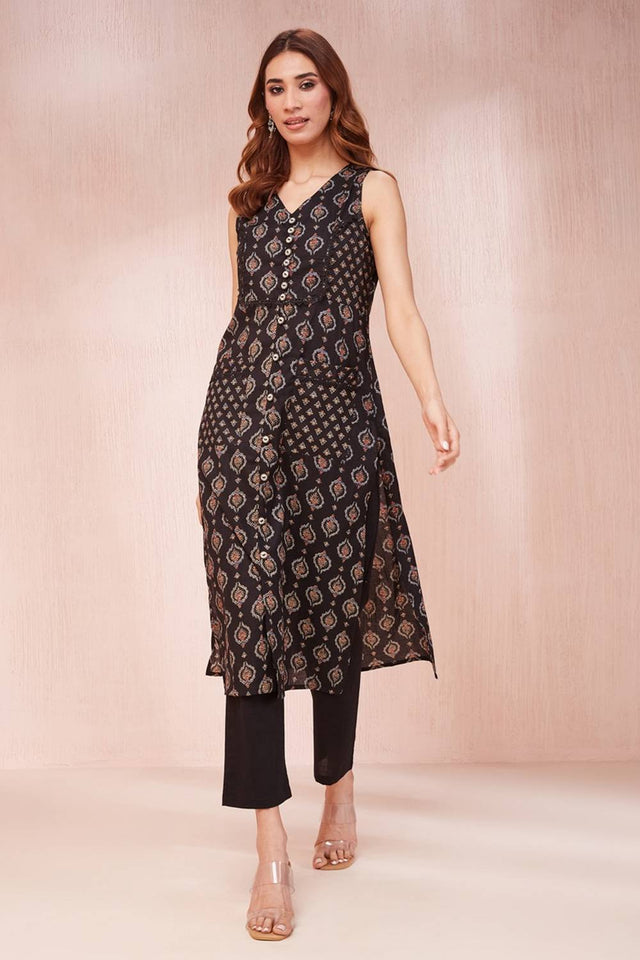 Black Ethnic Motifs Printed Cotton Straight Kurti