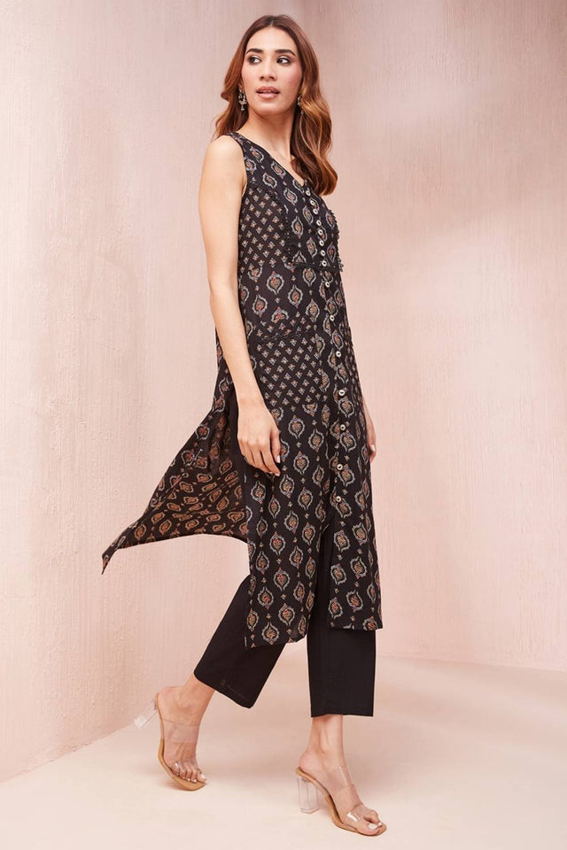 Black Ethnic Motifs Printed Cotton Straight Kurti