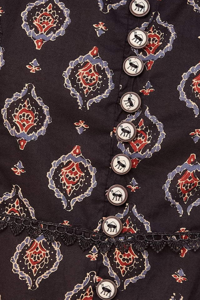 Black Ethnic Motifs Printed Cotton Straight Kurti