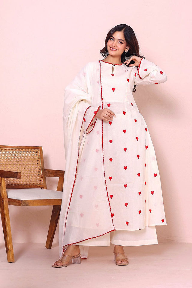 Off White Printed Cotton Kurti Palazzo Set (19Heart)