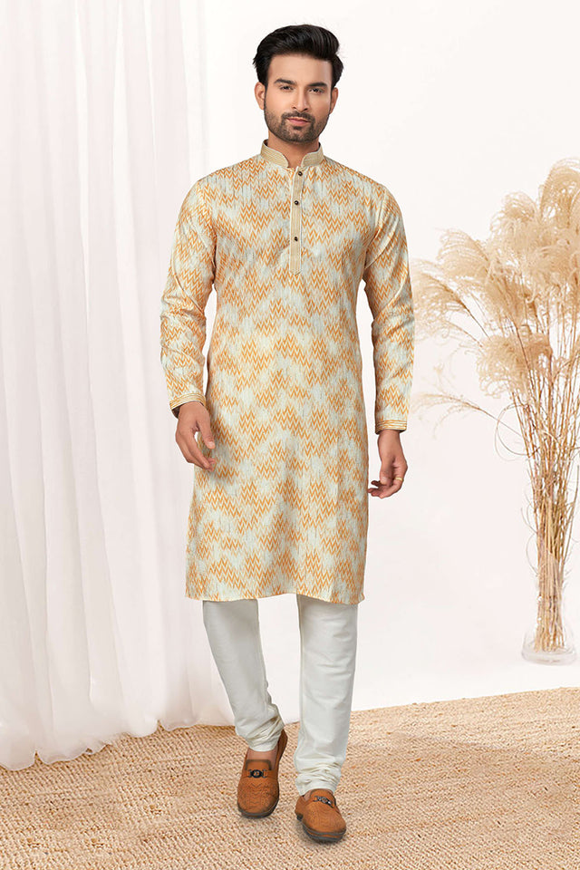 Yellow Printed Cotton Kurta Pyjama Set