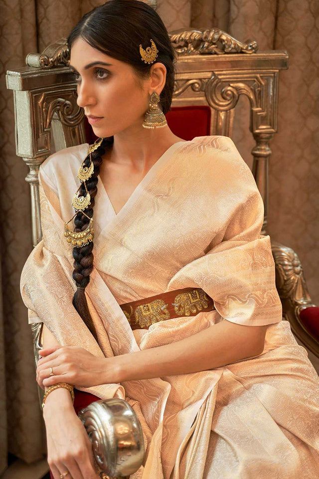 Kaabha Silk Cream Woven Handloom Saree