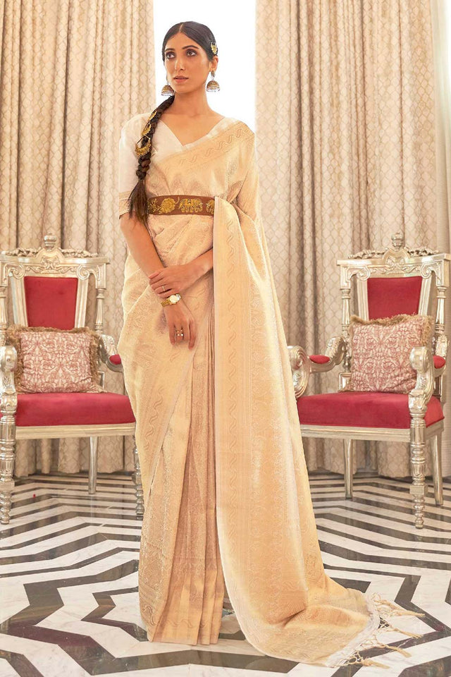 Kaabha Silk Cream Woven Handloom Saree