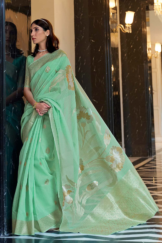 Kabana Green Linen Woven Saree