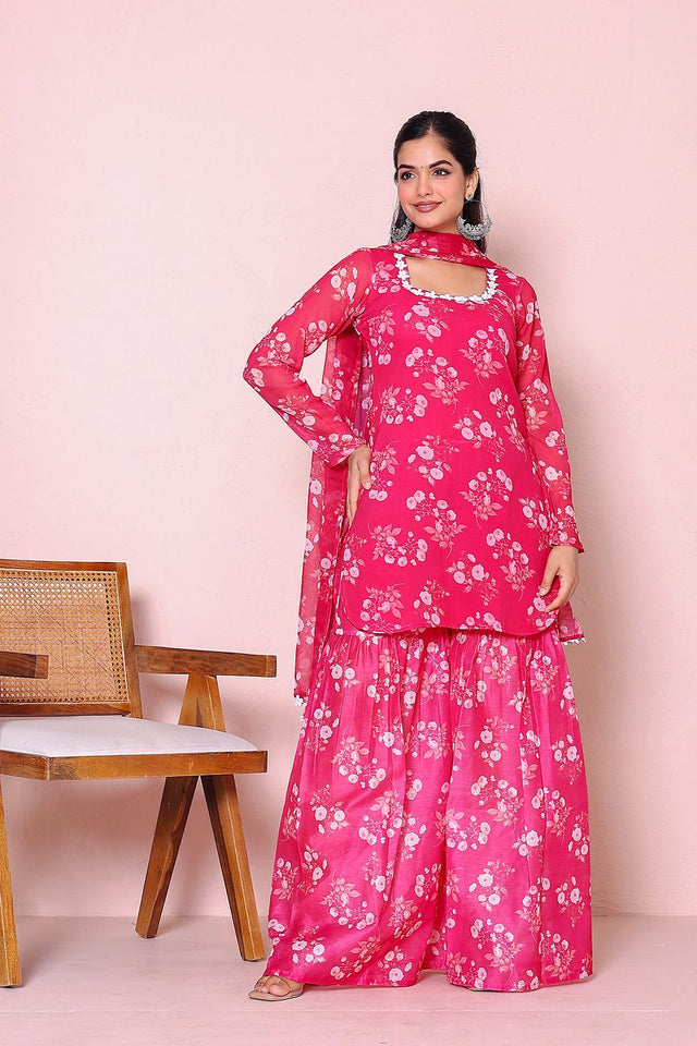 Pink Floral Printed Chiffon Kurti Palazzo Set (20Fuchsia)