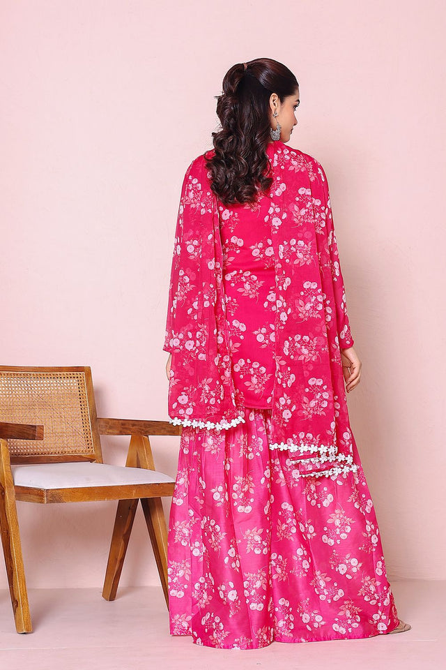 Pink Floral Printed Chiffon Kurti Palazzo Set (20Fuchsia)