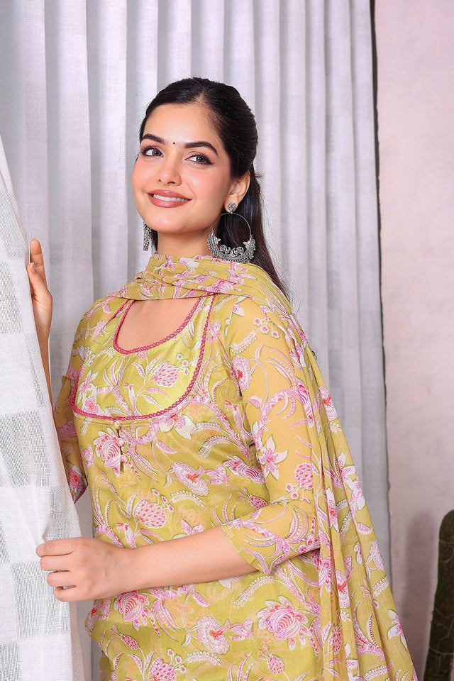 Green Floral Printed Chiffon Kurti Pant Set (21green)
