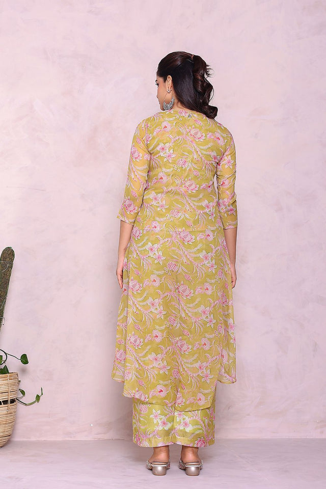 Green Floral Printed Chiffon Kurti Pant Set (21green)