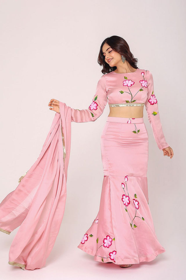 Pink Floral Printed Satin Lehenga (21lightpink)