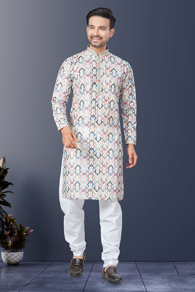 Multi-Color Printed Silk Kurta Pyjama Set