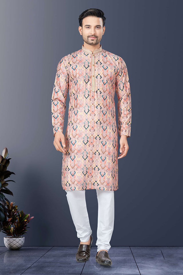 Multi-Color Printed Silk Kurta Pyjama Set