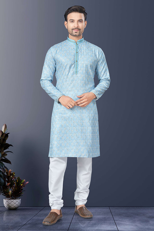 Blue Printed Silk Kurta Pyjama Set
