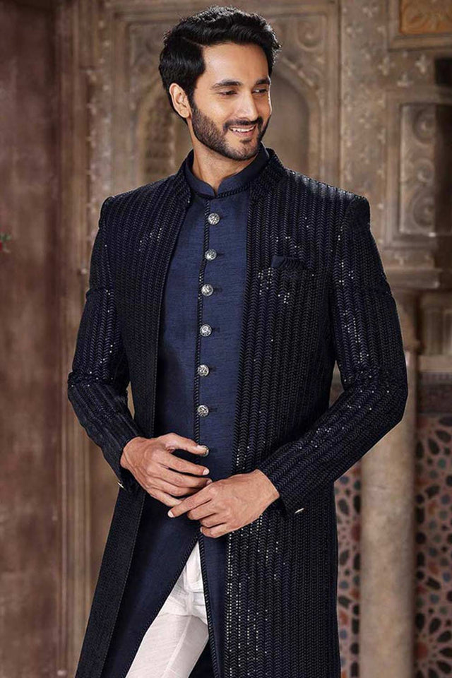 Men's Blue Art Silk Sequin Embroidered Kurta Pajama Jacket Set - 38