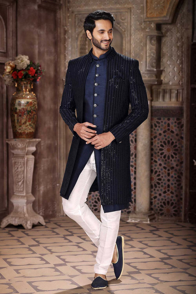 Men's Blue Art Silk Sequin Embroidered Kurta Pajama Jacket Set - 38
