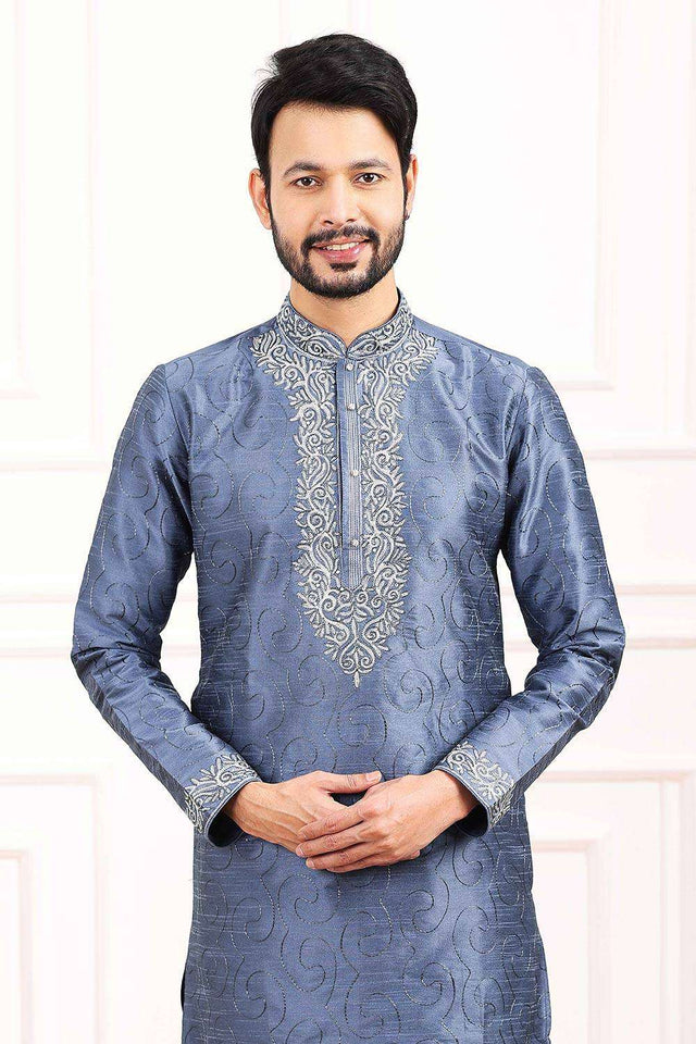 Men's Blue Art Silk Kurta Pajama Set - 34