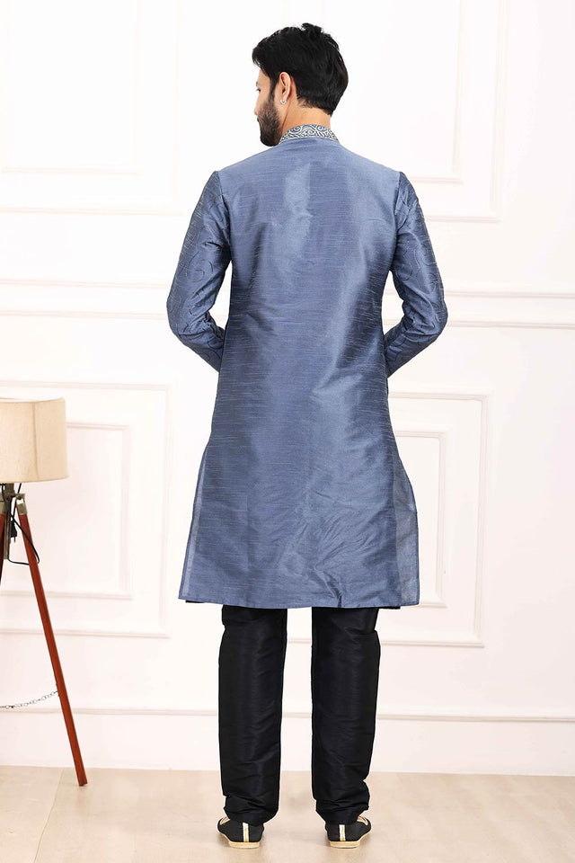Men's Blue Art Silk Kurta Pajama Set - 34