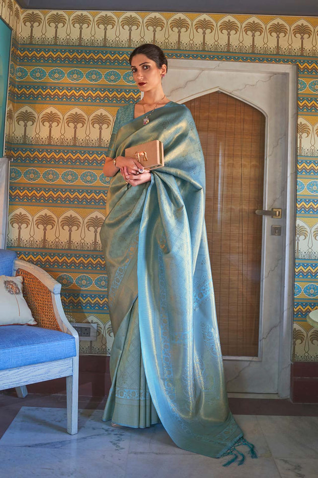 Kumbhi Blue Silk Woven Saree