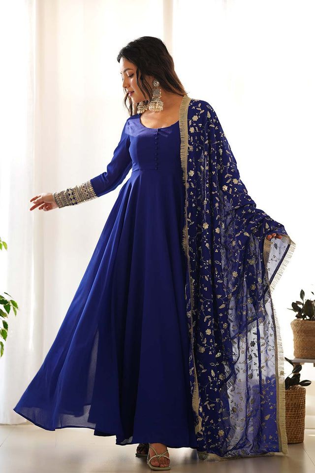 Blue Solid Woven Georgette Gown