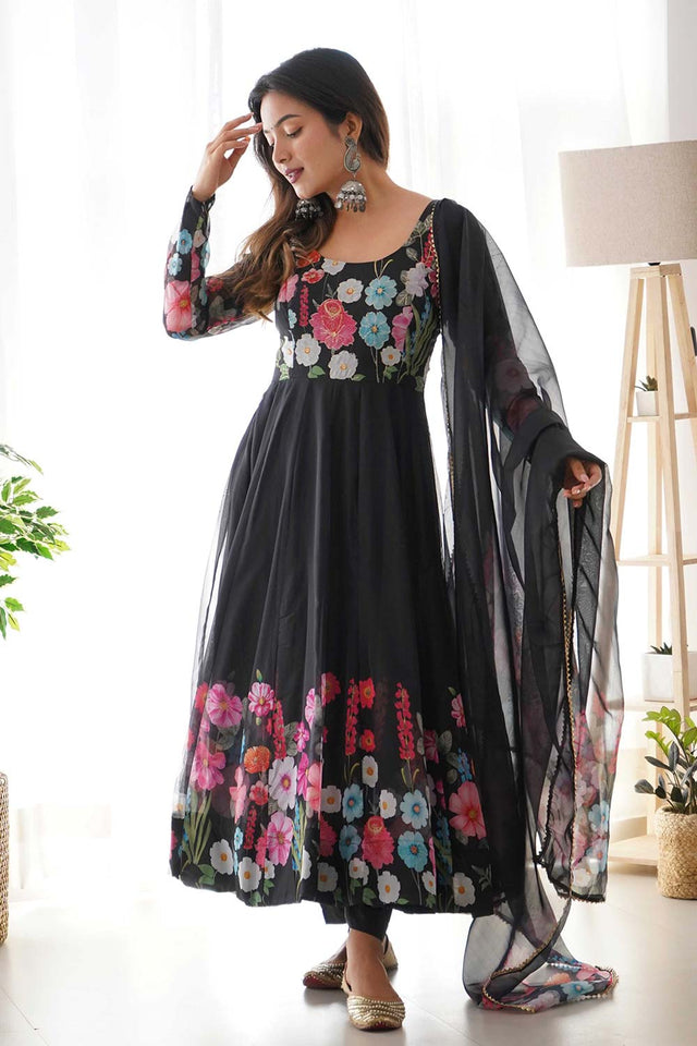 Black Organza Floral Print Full Sleeves Anarkali Suit Set