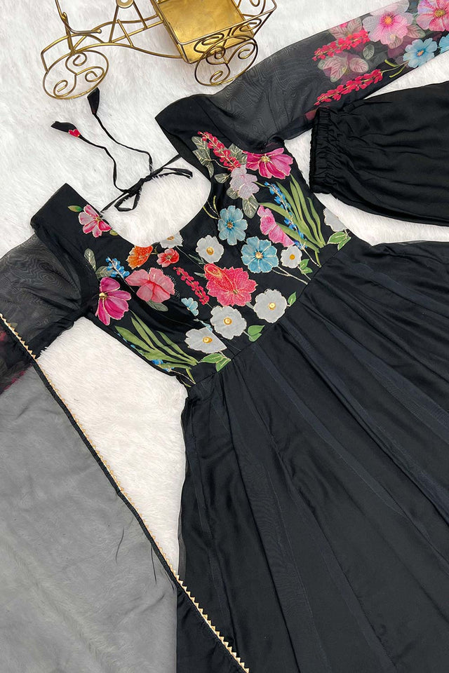 Black Organza Floral Print Full Sleeves Anarkali Suit Set