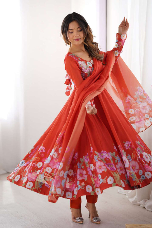 Orange Floral Printed Organza Anarkali Suit Set