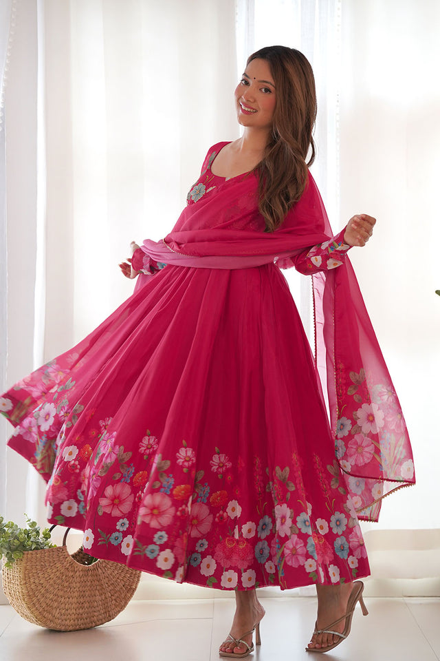 Pink Solid Organza Anarkali Gown Set