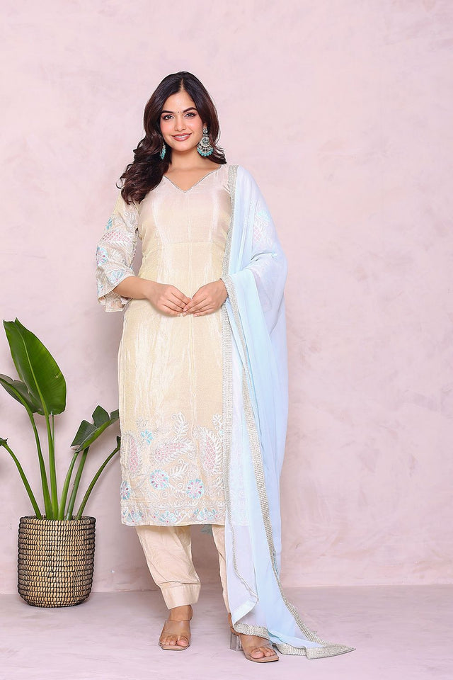Off White Embroidered Tissue Kurti Pant Set (25Shimmer)