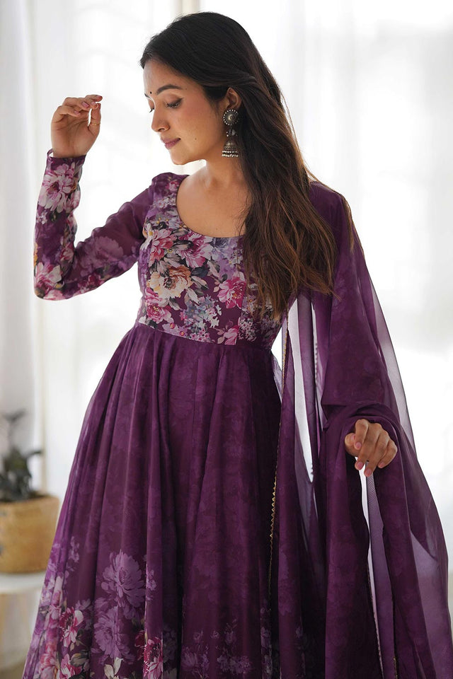 Organza Silk Fabric Fully Flair Kali Pattern With Canvas Patta Attached Padded And Zipper Gown With Dupatta And Pant