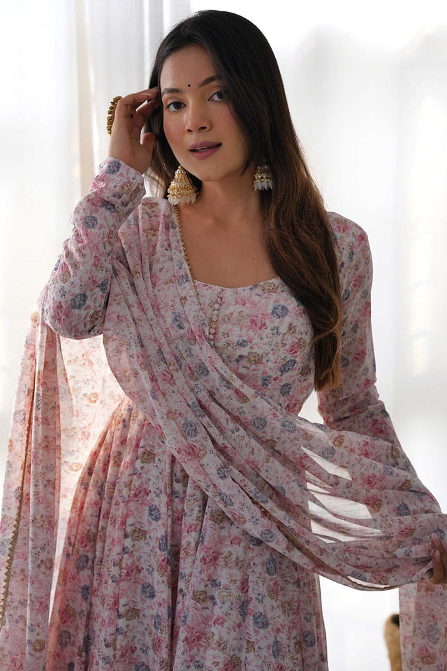 Pink Chiffon Floral Print Anarkali Kurti With Dupatta And Pant